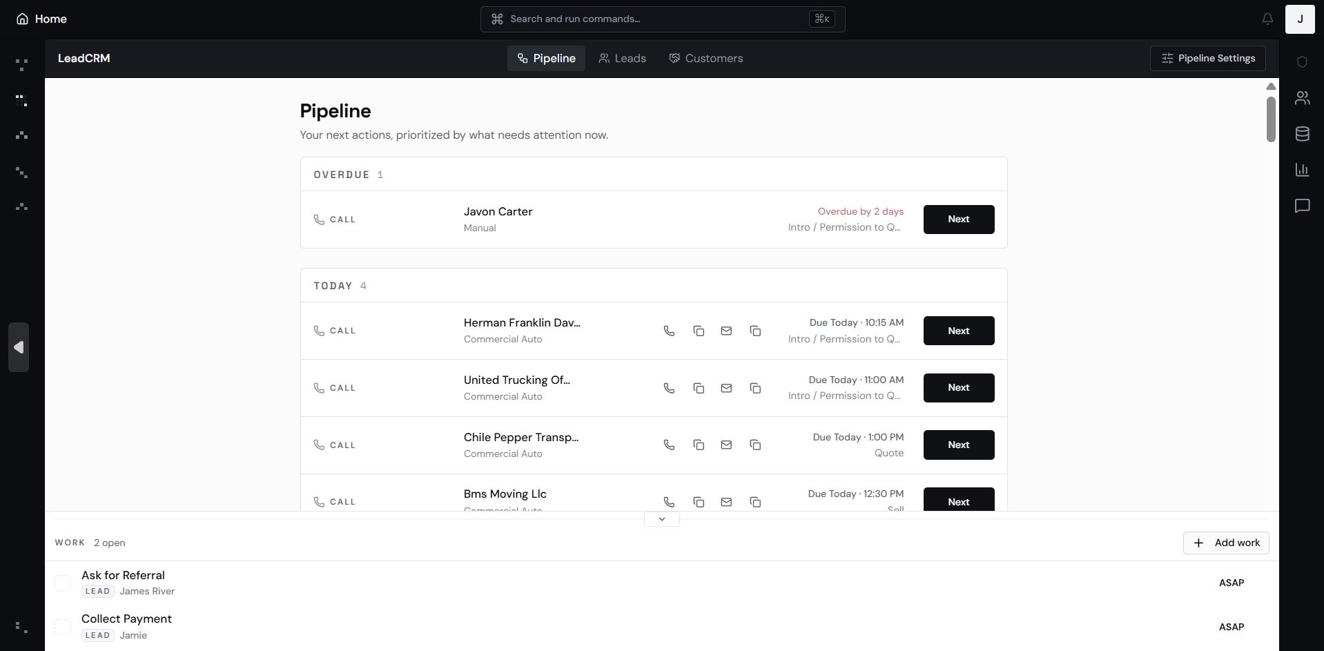 Agent Terminal Pipeline showing scheduled calls by date with the Work section expanded below.