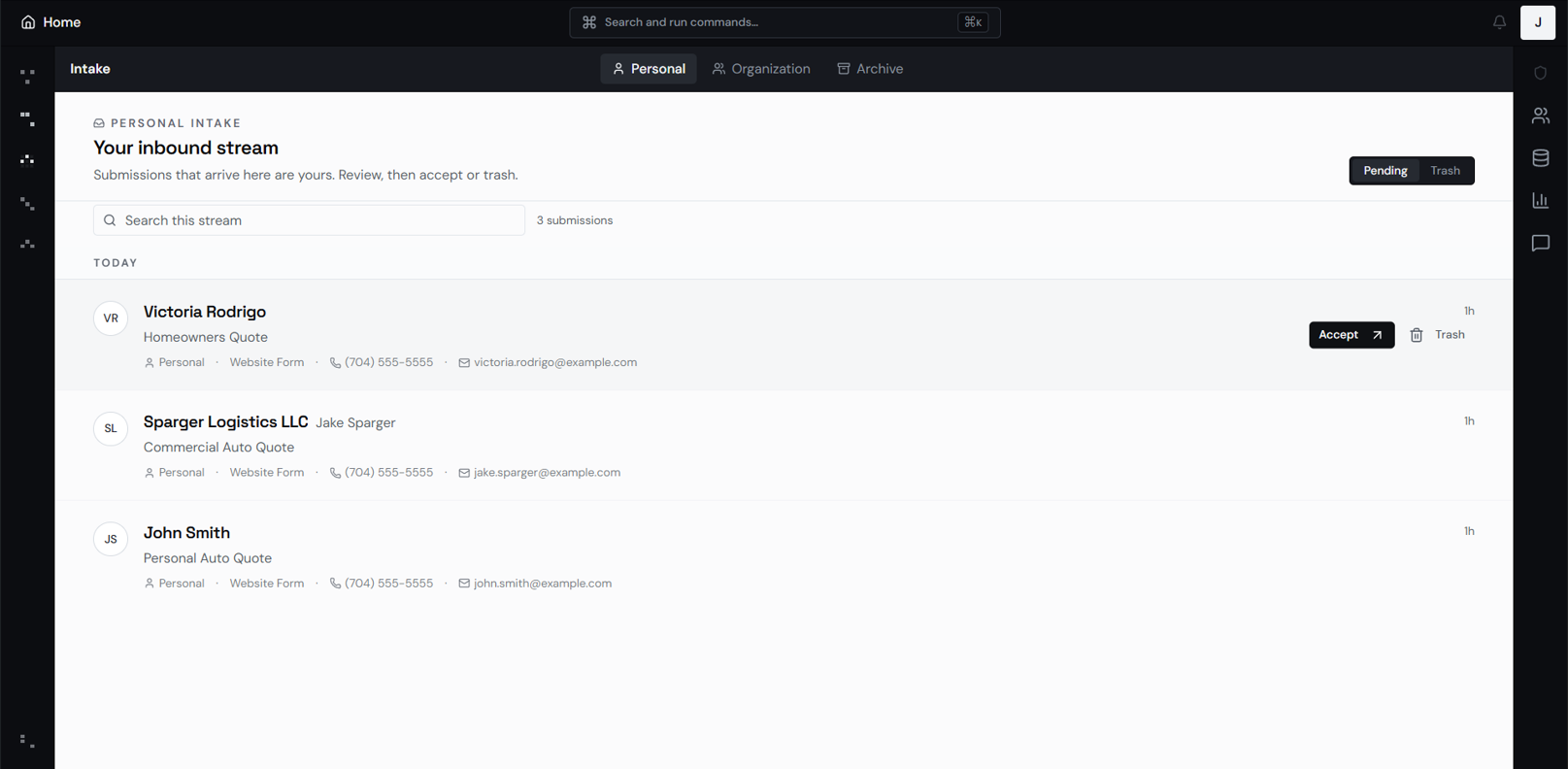 Agent Terminal Personal Intake showing three pending quote submissions.